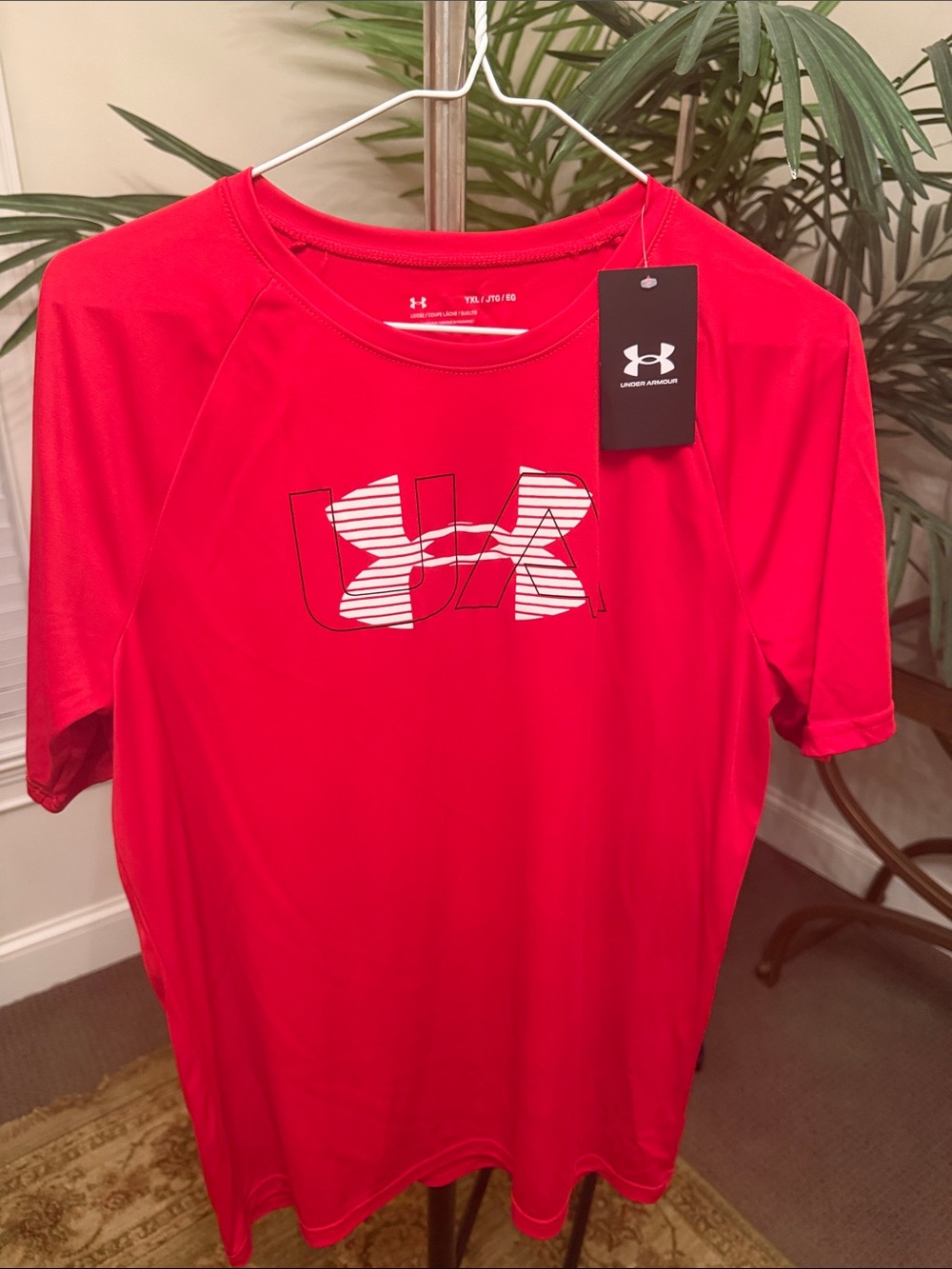 Under Armour Bright Red Short Sleeve Performance Tee with White Striped Logo